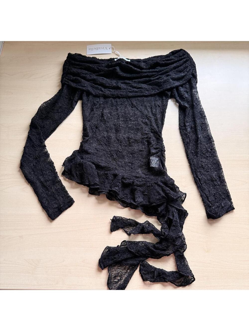 Y2K Black lace off shoulder ruffle top - Picture 5 of 8